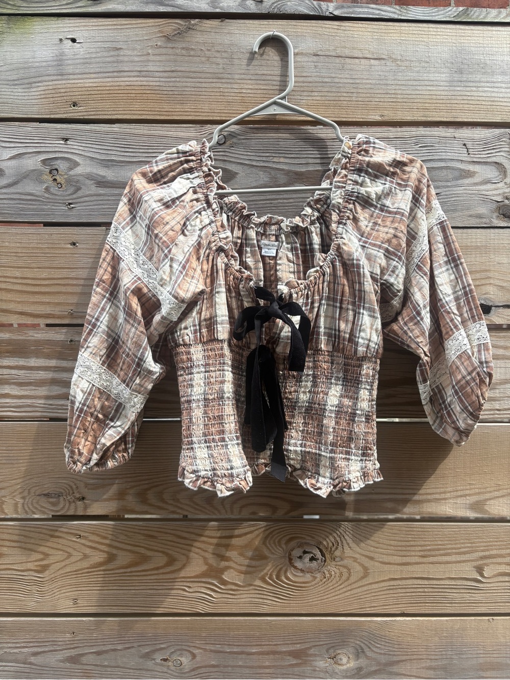 Kimchi Blue Brown Plaid Peasant Blouse with Black Bow